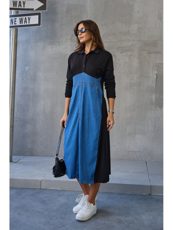 Siyah Jean Detaylı Gömlek Yaka Elbise 8132