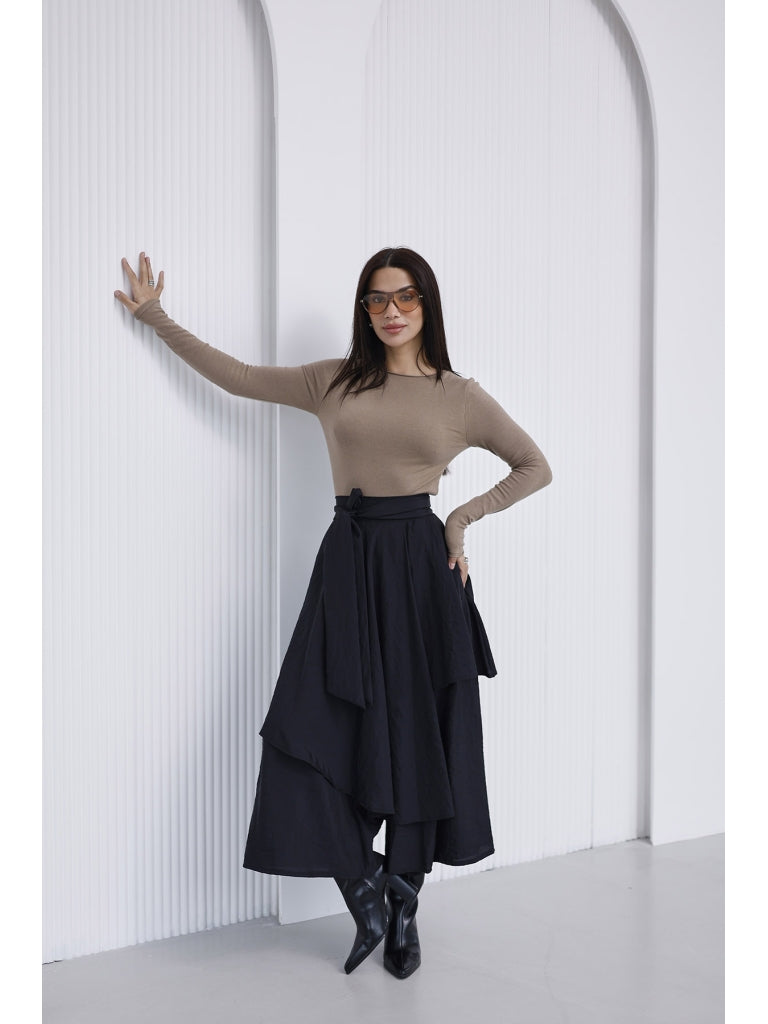 Siyah Bel Bağlamalı Etek Pantolon 0020-SİYAH