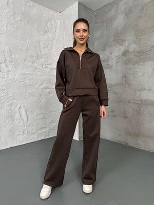 Kahverengi Paraşüt Şeritli Fermuarlı Scuba Takım 2624-Kahverengi