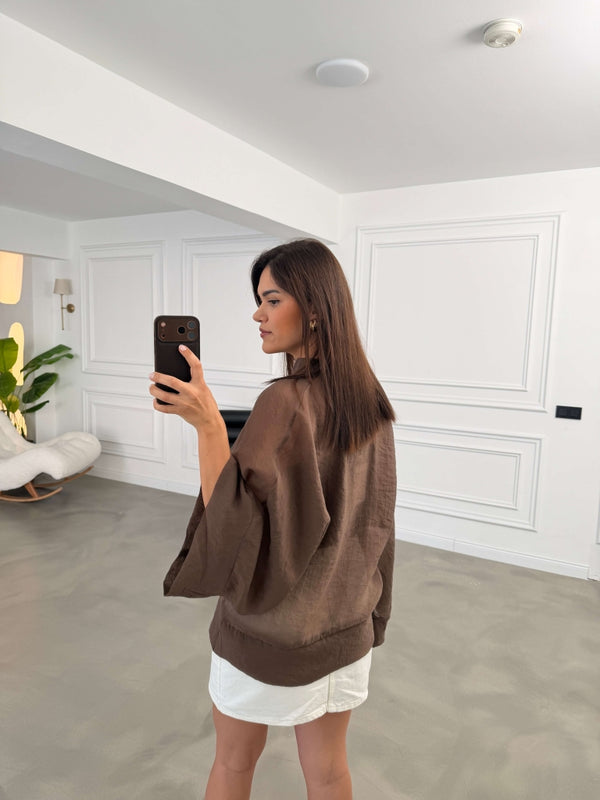 Kahverengi İp Bağcıklı Tencel Gömlek 5098-Kahverengi