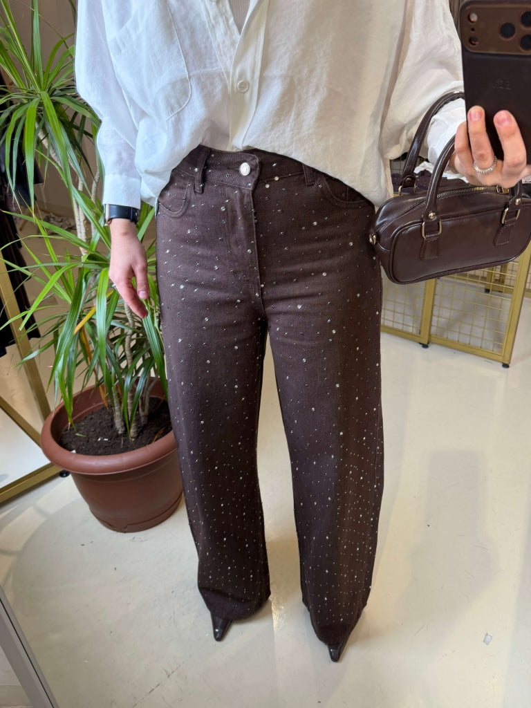 Koyu Kahve Taş Detaylı Palazzo Jean 0027-KOYU KAHVE