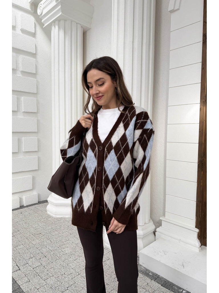 Kahve Mavi Baklava Desen Hırka 10143-Kahve Mavi