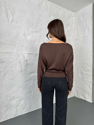 Kahverengi Kayık Yaka Modal Bluz 2540-Kahve