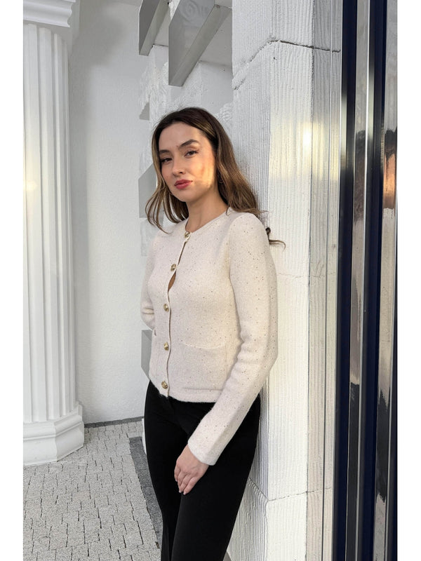 Dilvin Ekru Pullu Gold Düğmeli Triko Hırka 60935-Ekru