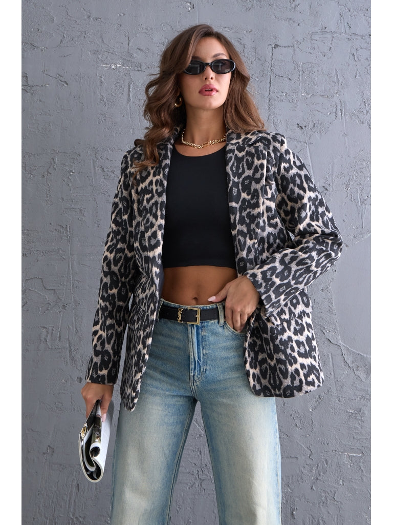 Gri Leopar Blazer Kaşe Ceket