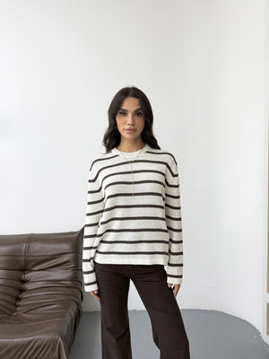 Ekru Kahve Çizgili Triko Kazak 261032-Ekru