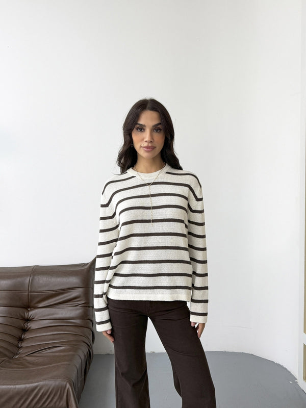 Ekru Kahve Çizgili Triko Kazak 261032-Ekru