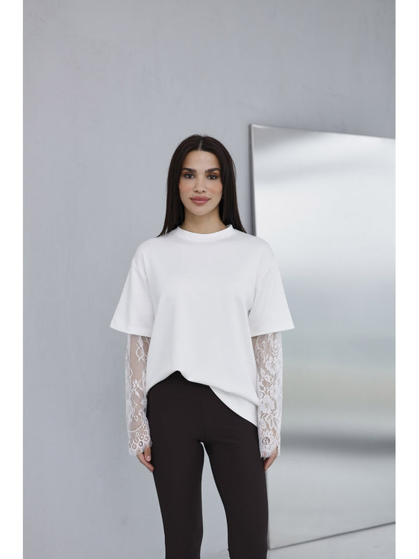 Ekru Güpür Kollu Bluz EY0302-Ekru