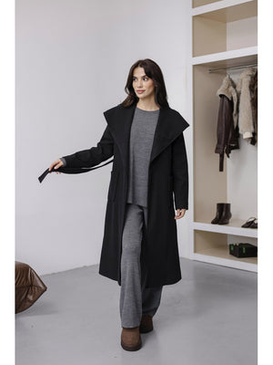 Siyah Kapşonlu Kaşe Kaban 2610-Siyah