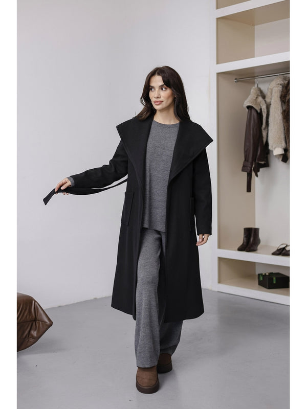 Siyah Kapşonlu Kaşe Kaban 2610-Siyah