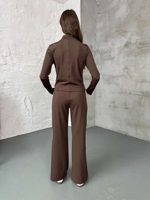 Acı Kahve Şeritli Likralı Eşofman Takımı T006-KAHVE