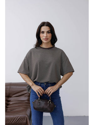 Kahverengi Çizgili Orj Marka Oversize Tshirt 6274-Kahverengi