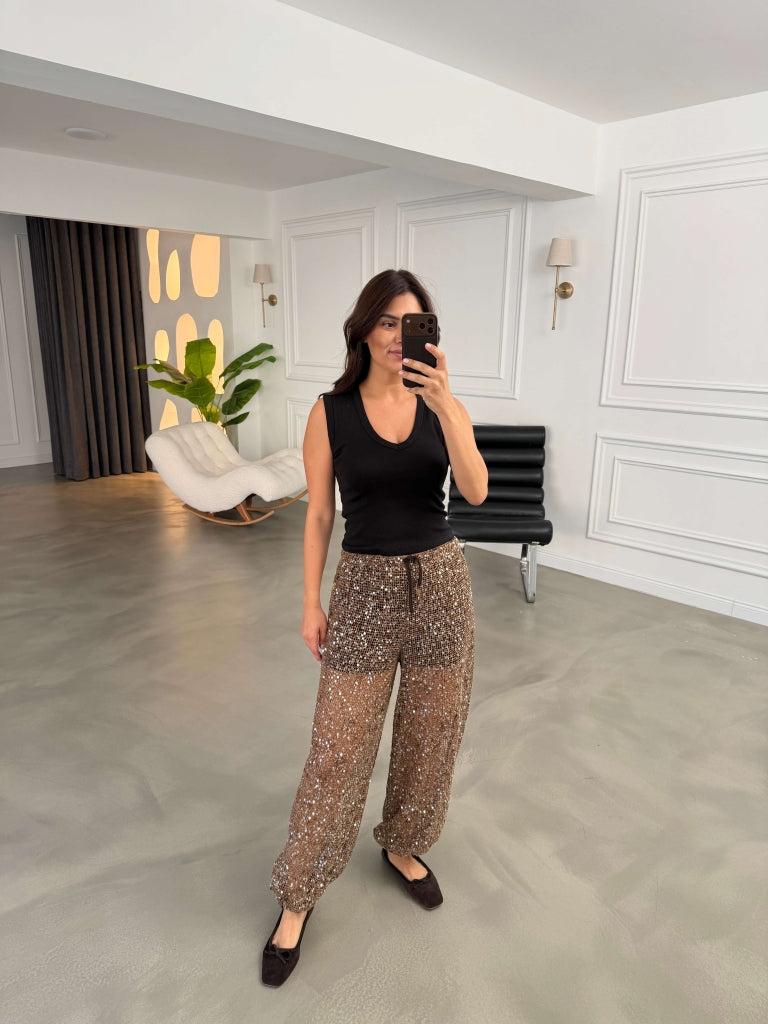 Kahverengi Pullu Şalvar Pantolon 8027-Kahverengi