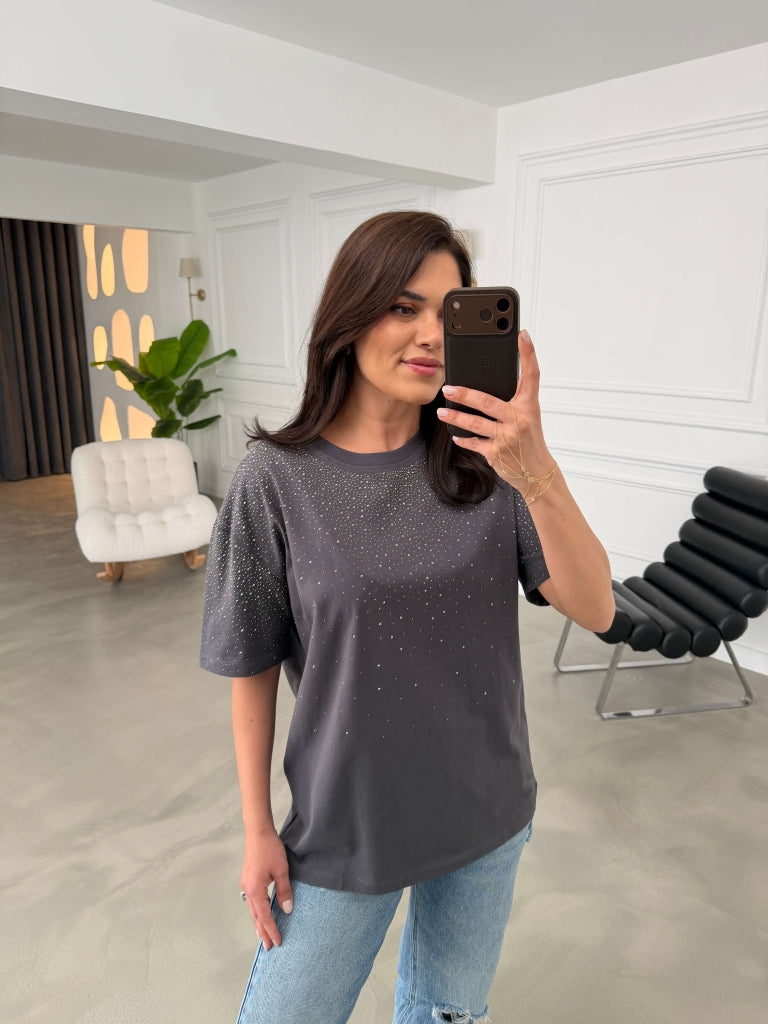 Antrasit Taş Baskılı Bisiklet Yaka Tshirt 6532-Antrasit