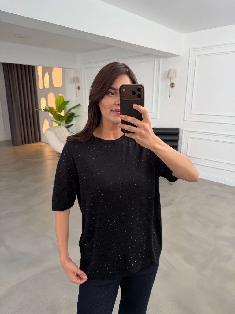 Siyah Taş Baskılı Tshirt 4236-Siyah