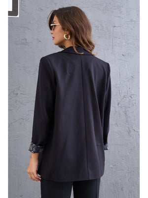 Siyah Leopar Kol Katlamalı Blazer Ceket