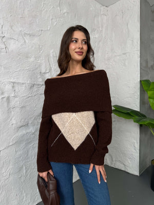 Acı Kahve Açık Yaka Baklava Desen Kazak 2530-Acı Kahve