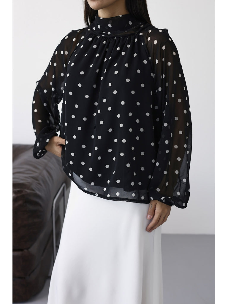 Siyah Puantiyeli Şifon Bluz 3219-Siyah