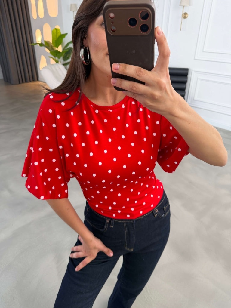 Kırmızı Puantiyeli Bel Büzgülü Tshirt 1105-Kırmızı