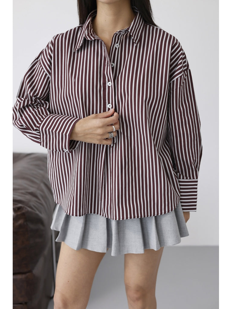 Bordo Çizgili Yarım Düğmeli Gömlek 5017-Bordo