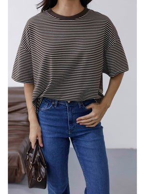 Kahverengi Çizgili Orj Marka Oversize Tshirt 6274-Kahverengi