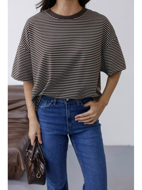 Kahverengi Çizgili Orj Marka Oversize Tshirt 6274-Kahverengi