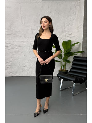 Siyah Kare Yaka Kemerli Maxi Elbise 1271-Siyah