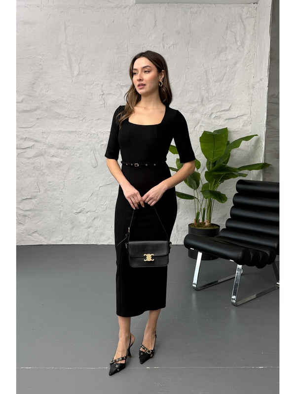 Siyah Kare Yaka Kemerli Maxi Elbise 1271-Siyah