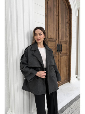 Antrasit Rebello Kuşaklı Kaşe Kaban 9669-Antrasit