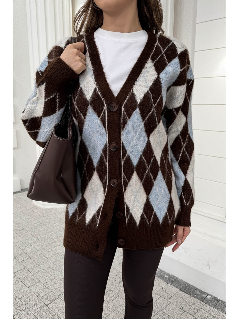 Kahve Mavi Baklava Desen Hırka 10143-Kahve Mavi