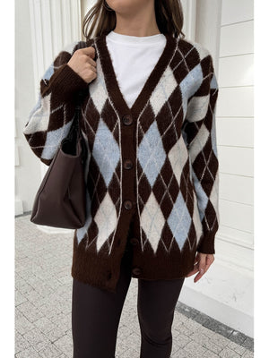 Kahve Mavi Baklava Desen Hırka 10143-Kahve Mavi