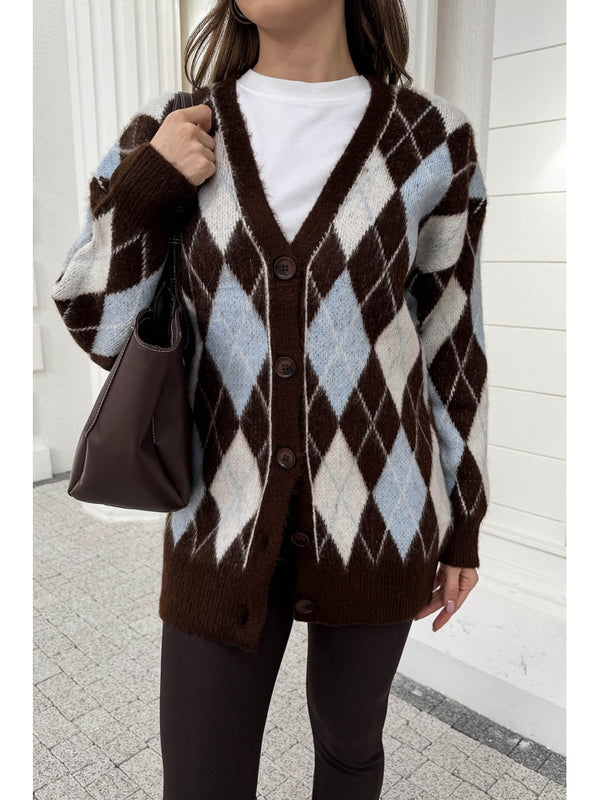 Kahve Mavi Baklava Desen Hırka 10143-Kahve Mavi