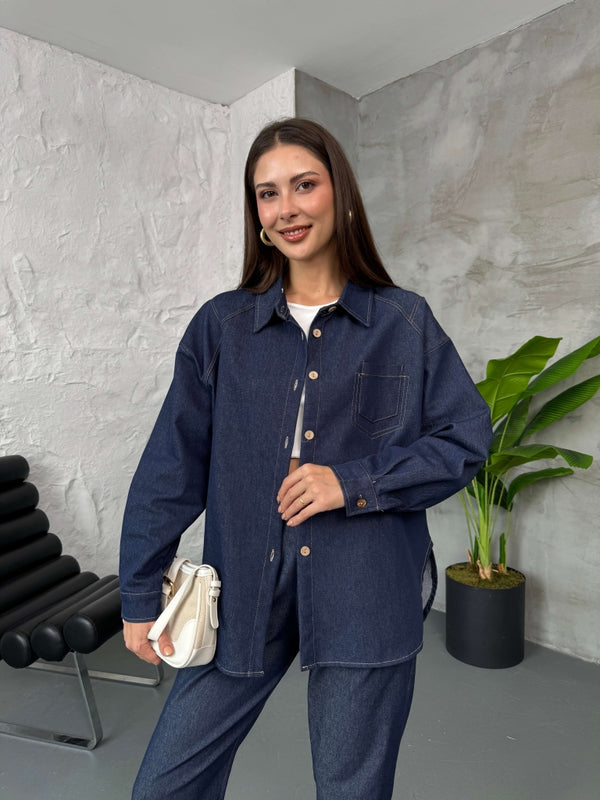 Mavi Dikiş Detaylı İnce Denim Gömlek