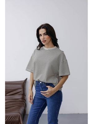 Ekru Çizgili Orj Marka Oversize Tshirt 6274-Ekru