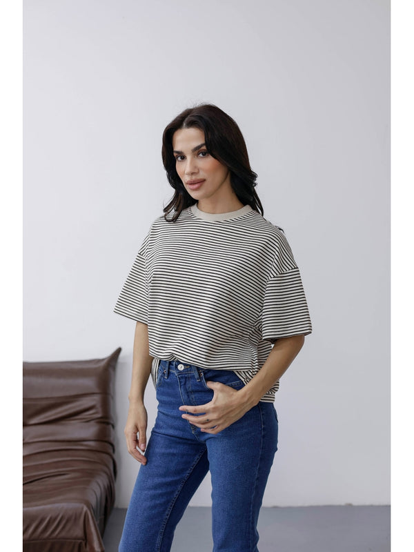 Ekru Çizgili Orj Marka Oversize Tshirt 6274-Ekru