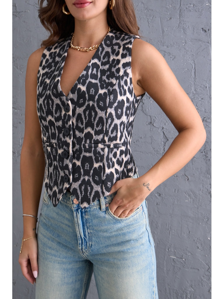 Gri Premium Leopar Kaşe Yelek