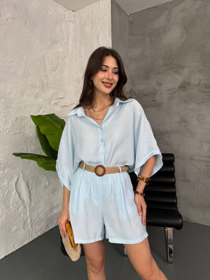 Bebe Mavi Hasır Kemerli Şortlu Tencel Takım