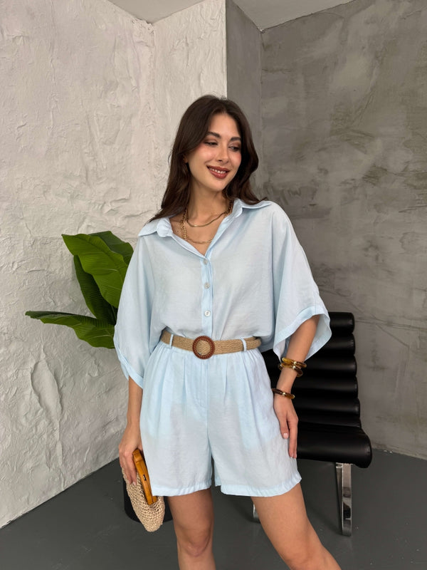 Bebe Mavi Hasır Kemerli Şortlu Tencel Takım