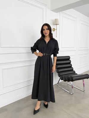 Siyah Kendinden Kemerli Tensel Elbise 3397-Siyah