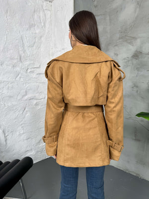 Camel Kuşaklı Süet Trenç
