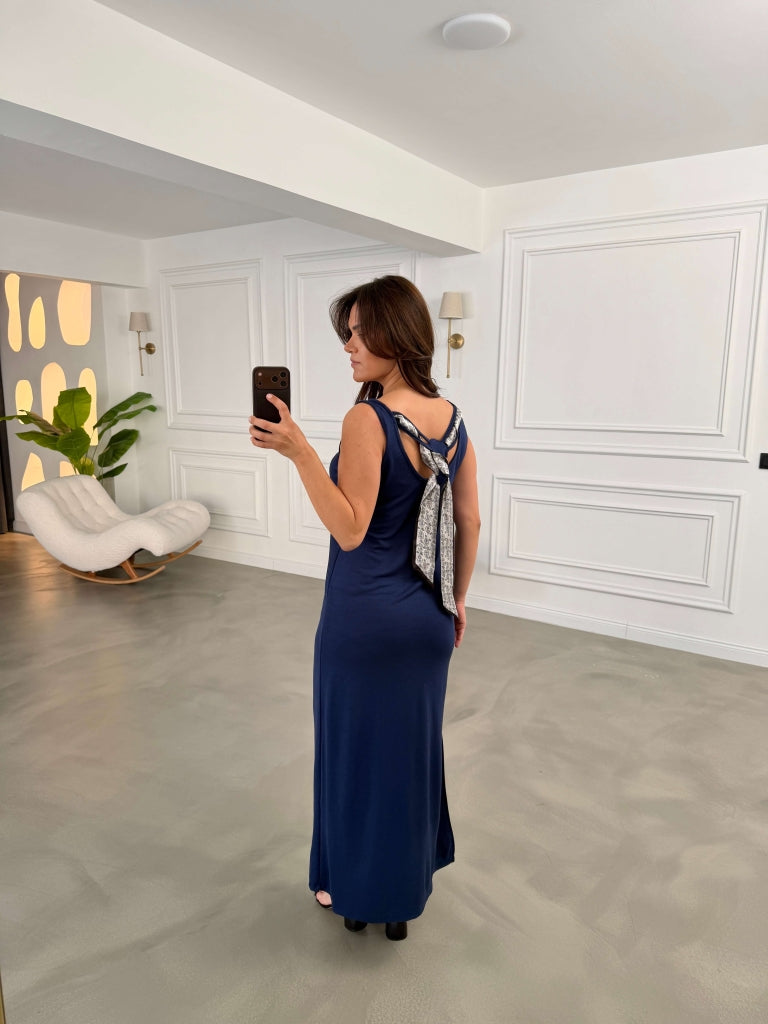 Lacivert Sırtı Fular Detaylı Elbise 4158-Lacivert
