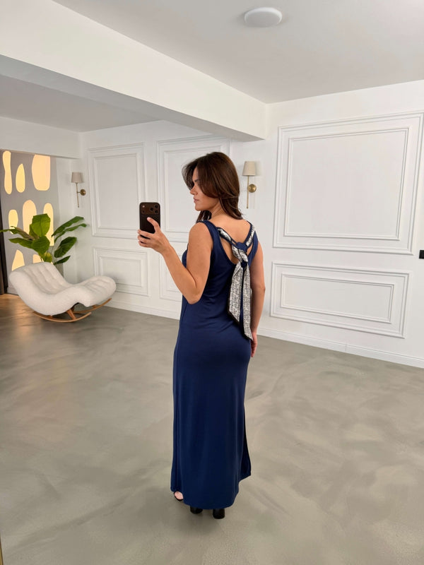Lacivert Sırtı Fular Detaylı Elbise 4158-Lacivert