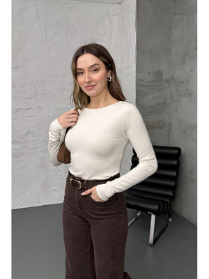 Dilvin Ekru Kayık Yaka Kaşmir Bluz 10840-EKRU