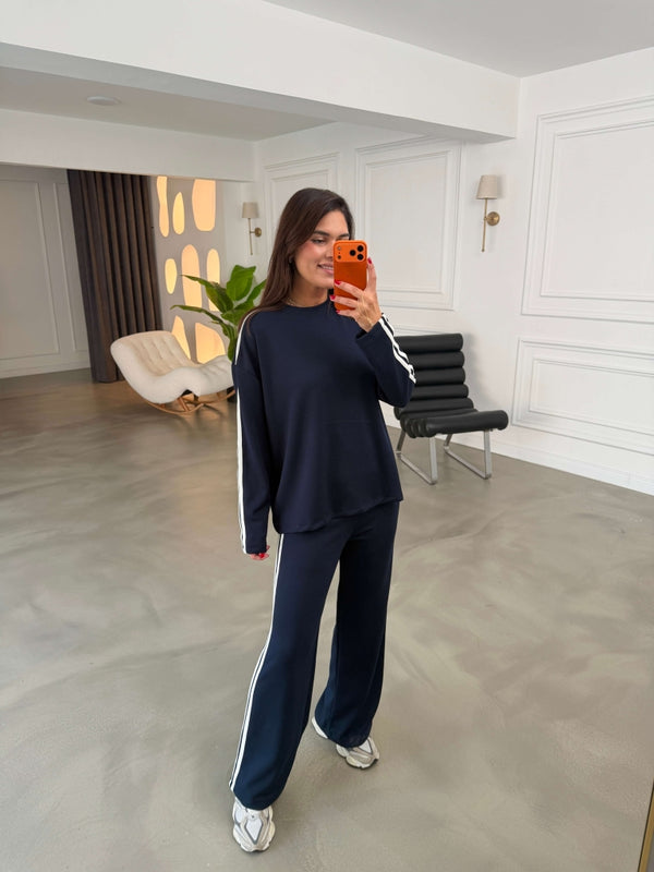 Lacivert Yanları Şeritli Basic Takım 12096-Lacivert