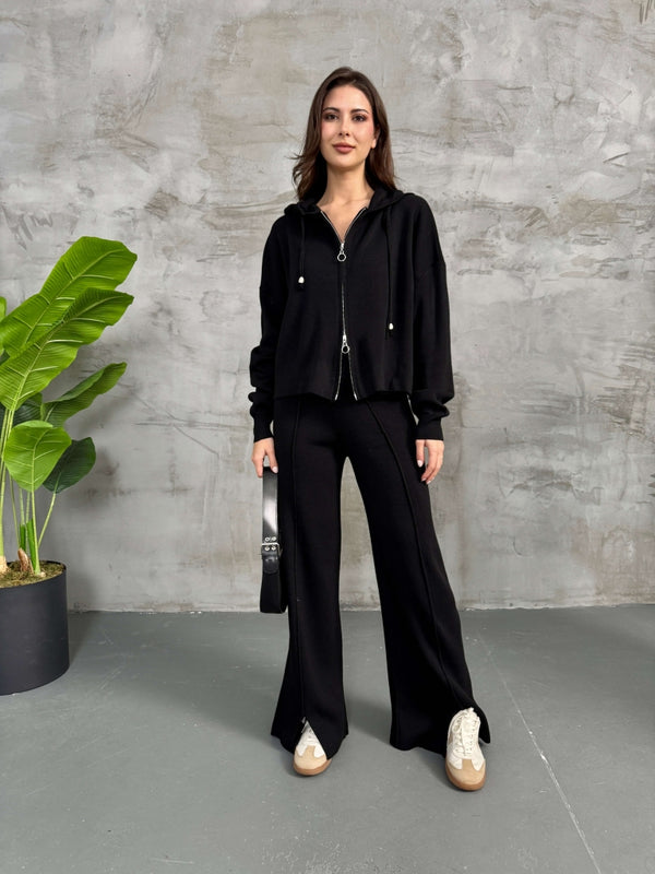 Siyah Kapşanlu Çift Fermuarlı Takım 0091-SİYAH