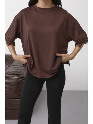 Kahverengi Sırtı Dantelli Tshirt 1073-Kahverengi