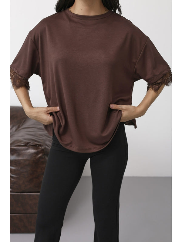 Kahverengi Sırtı Dantelli Tshirt 1073-Kahverengi