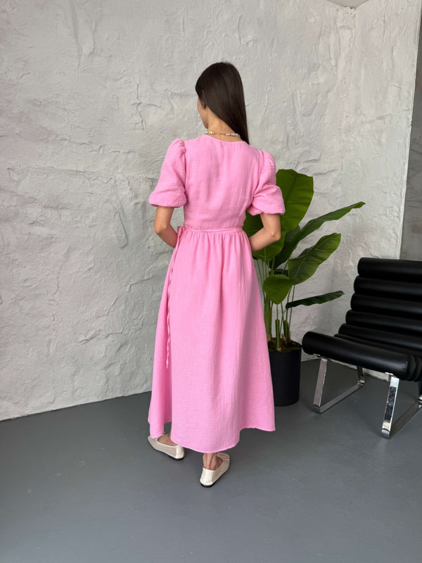 Pembe Yan Bağlamalı Müslin Elbise