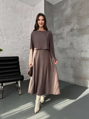 Kahverengi Bluzlu Elbise Selanik Takım 7720-Kahve