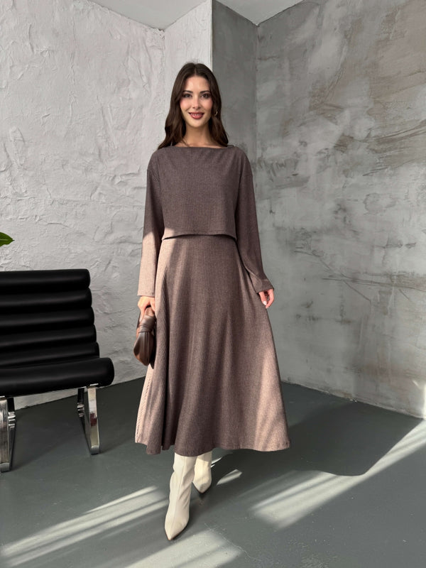 Kahverengi Bluzlu Elbise Selanik Takım 7720-Kahve